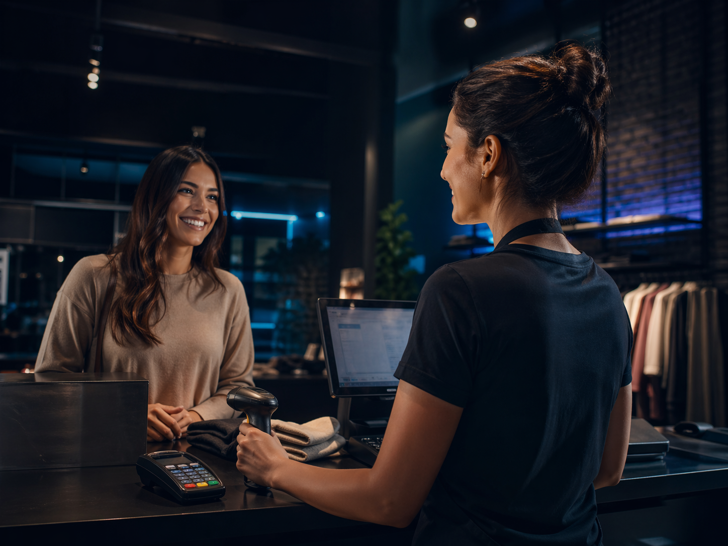 Atendente sorrindo no caixa enquanto atende um cliente satisfeito em uma loja moderna